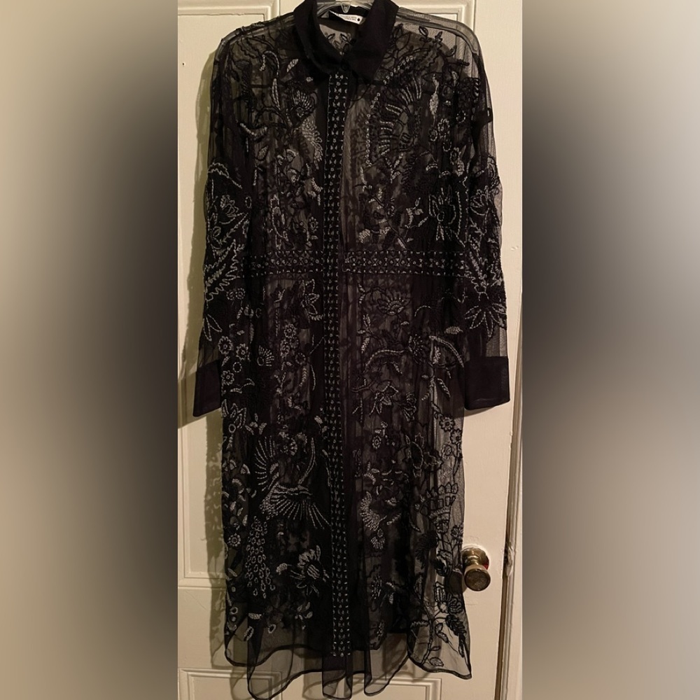Zara Black Sheer Embroidered Button Jacket Duster Coverup Coat Robe -M